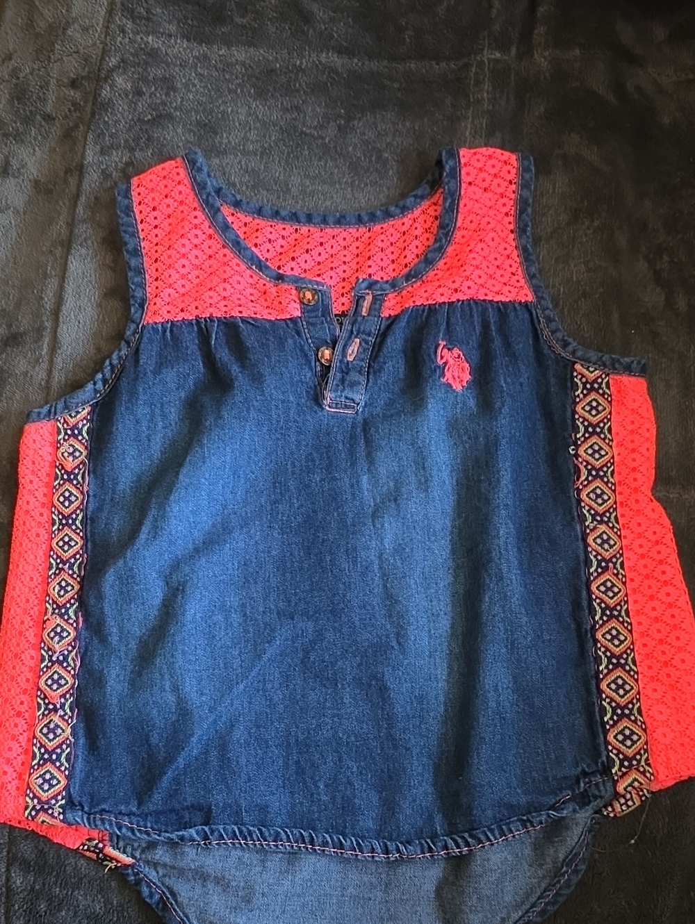 Ralph Lauren Navy Denim Tank with Bright Pink Eyelet & Patterned Panels